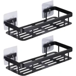 Pack x2 Estantes Repisas Con Adhesivos Para Ducha, Baño y Cocina -- Organizador Baño Ducha Metálico Negro Mate con Instalación sin Perforaciones Estante Shampoo Jabonera Levys Bazar
