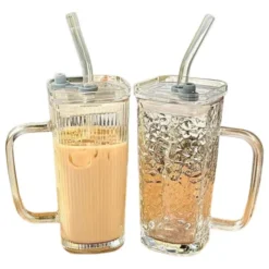 Taza Vaso Vidrio Para Bebidas 380ml Manija Tapa Hermética Taza Vidrio C/tapa