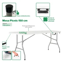 Alternative view of Mesa Para Jardin Exteriror Plegable Camping Portatil Picnic 150 x 70 Cm Color Blanco Gardenlife