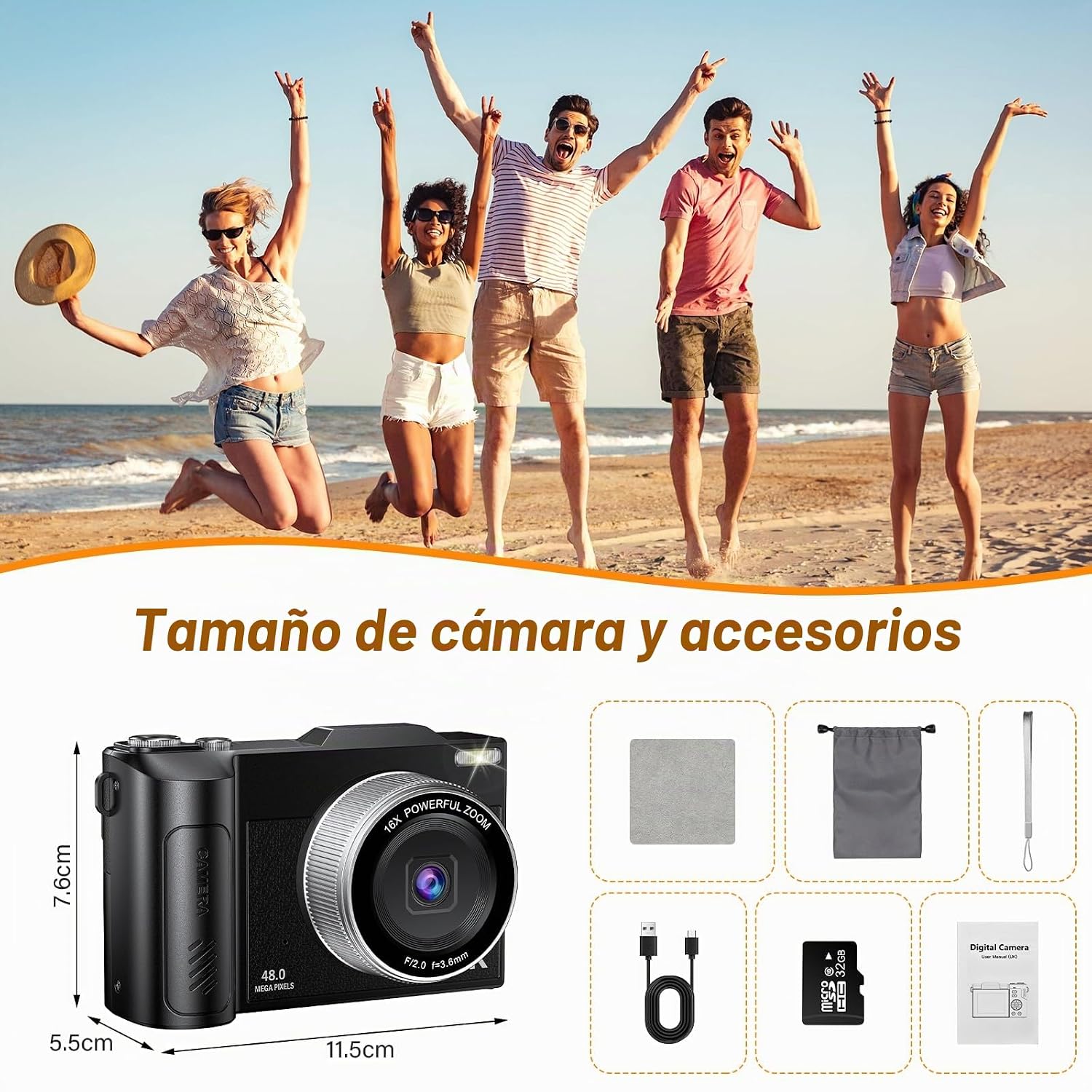 Cámara de Fotos 48MP 4K Cámara Digital Compacta con Zoom 16X 2,8" LCD Compacta Portátil Cámara con Tarjeta 32GB para Niños Principiantes Adultos (Negro)