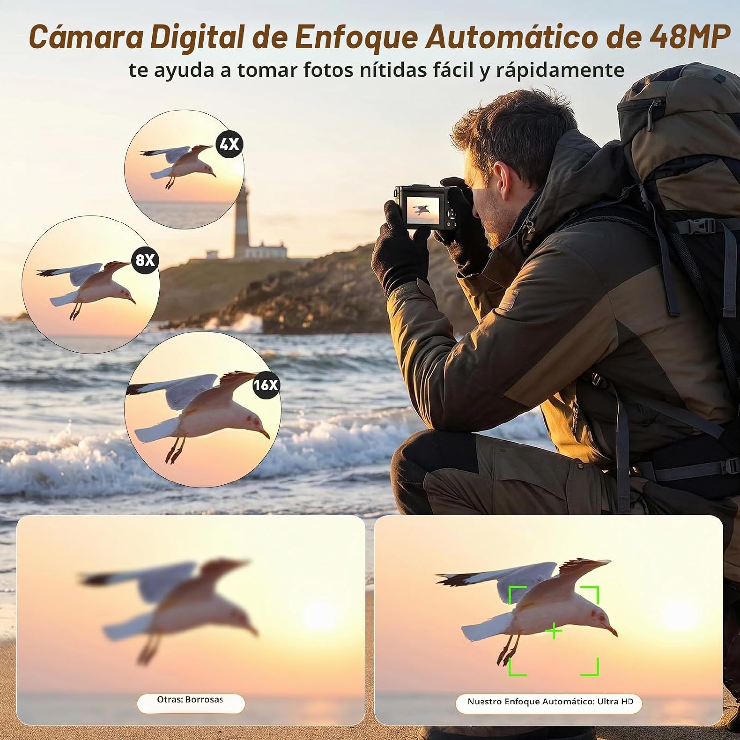 Cámara de Fotos 48MP 4K Cámara Digital Compacta con Zoom 16X 2,8" LCD Compacta Portátil Cámara con Tarjeta 32GB para Niños Principiantes Adultos (Negro)