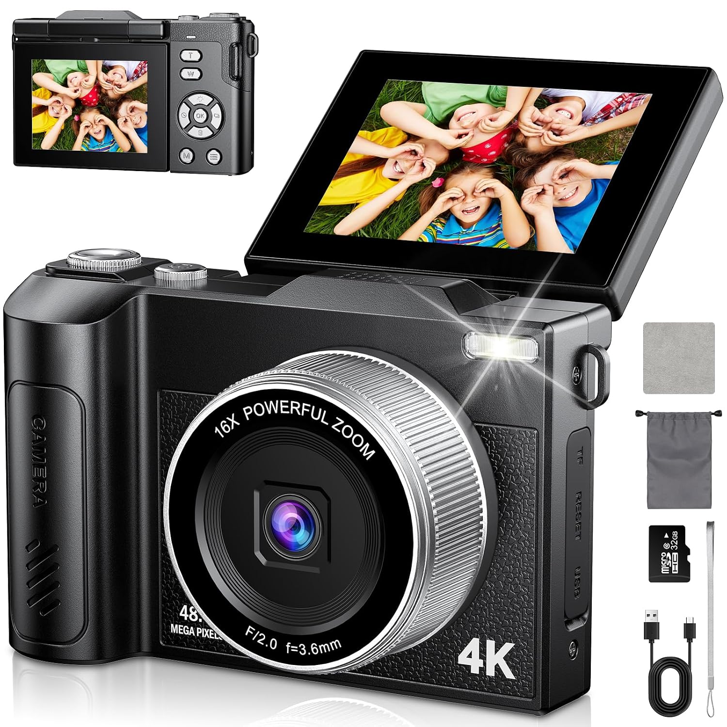 Cámara de Fotos 48MP 4K Cámara Digital Compacta con Zoom 16X 2,8" LCD Compacta Portátil Cámara con Tarjeta 32GB para Niños Principiantes Adultos (Negro) Cámara de Fotos 48MP 4K Cámara Digital Compacta con Zoom 16X 2,8" LCD Compacta Portátil Cámara con Tarjeta 32GB para Niños Principiantes Adultos (Negro)
