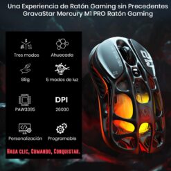 GravaStar Mercury M2 Ratón Gaming Inalámbrico, 26.000 dpi, Negro