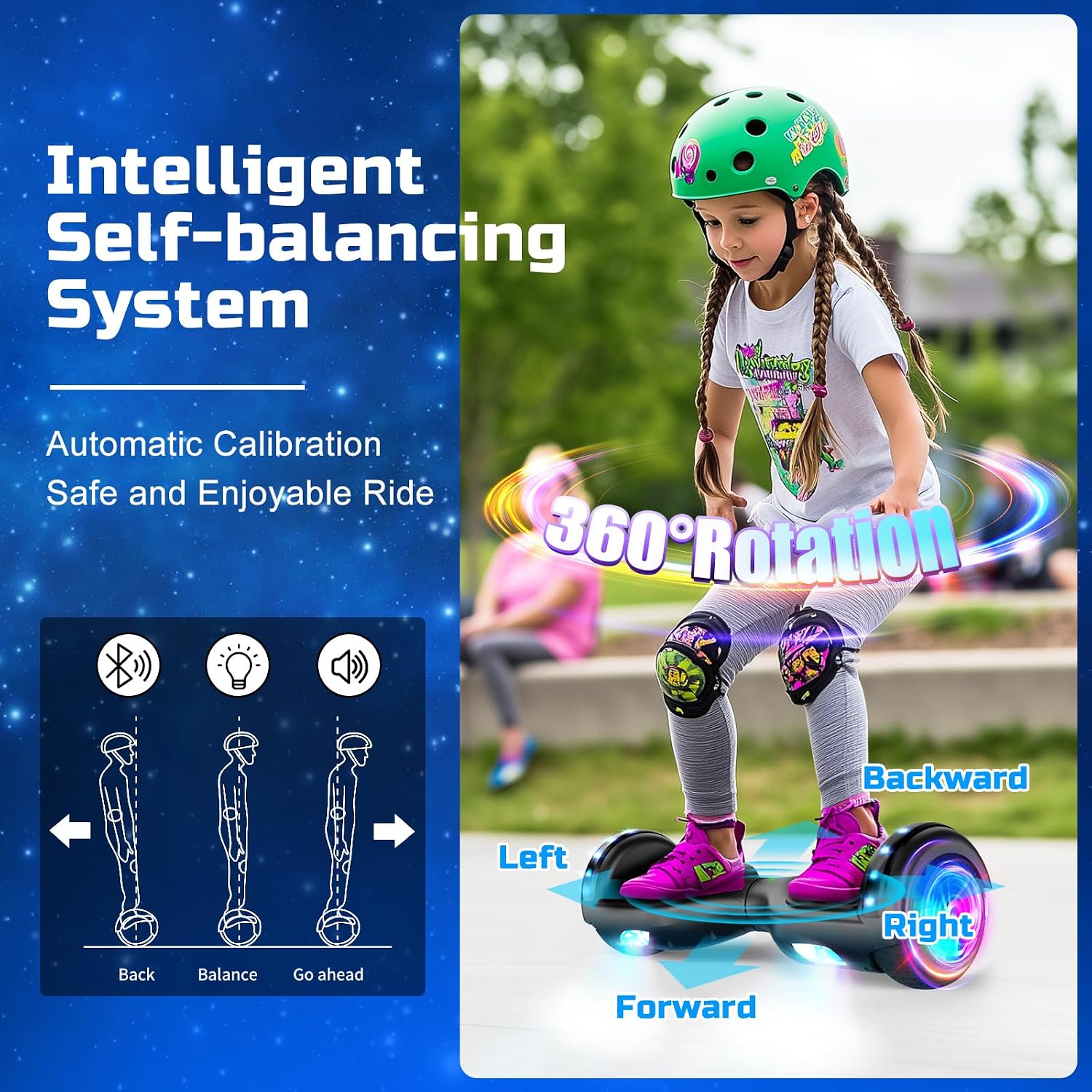 Hoverboard de 6,5 pulgadas con altavoz Bluetooth, scooter autoequilibrado, motor con luces de colores y luces LED" se traduce al español como: "Hoverboard de 6,5 pulgadas con...