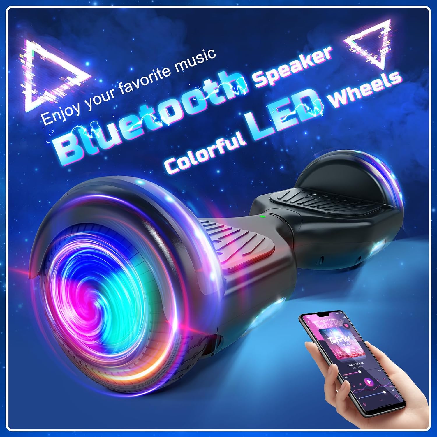 Hoverboard de 6,5 pulgadas con altavoz Bluetooth, scooter autoequilibrado, motor con luces de colores y luces LED" se traduce al español como: "Hoverboard de 6,5 pulgadas con...