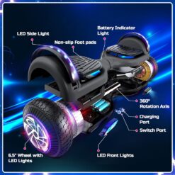 Hoverboard de 6,5 pulgadas con altavoz Bluetooth, scooter autoequilibrado, motor con luces de colores y luces LED