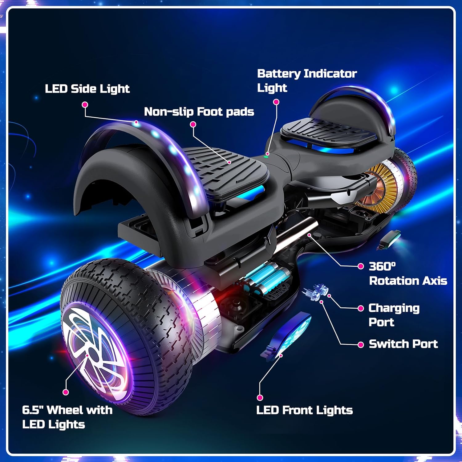 Hoverboard de 6,5 pulgadas con altavoz Bluetooth, scooter autoequilibrado, motor con luces de colores y luces LED" se traduce al español como: "Hoverboard de 6,5 pulgadas con...
