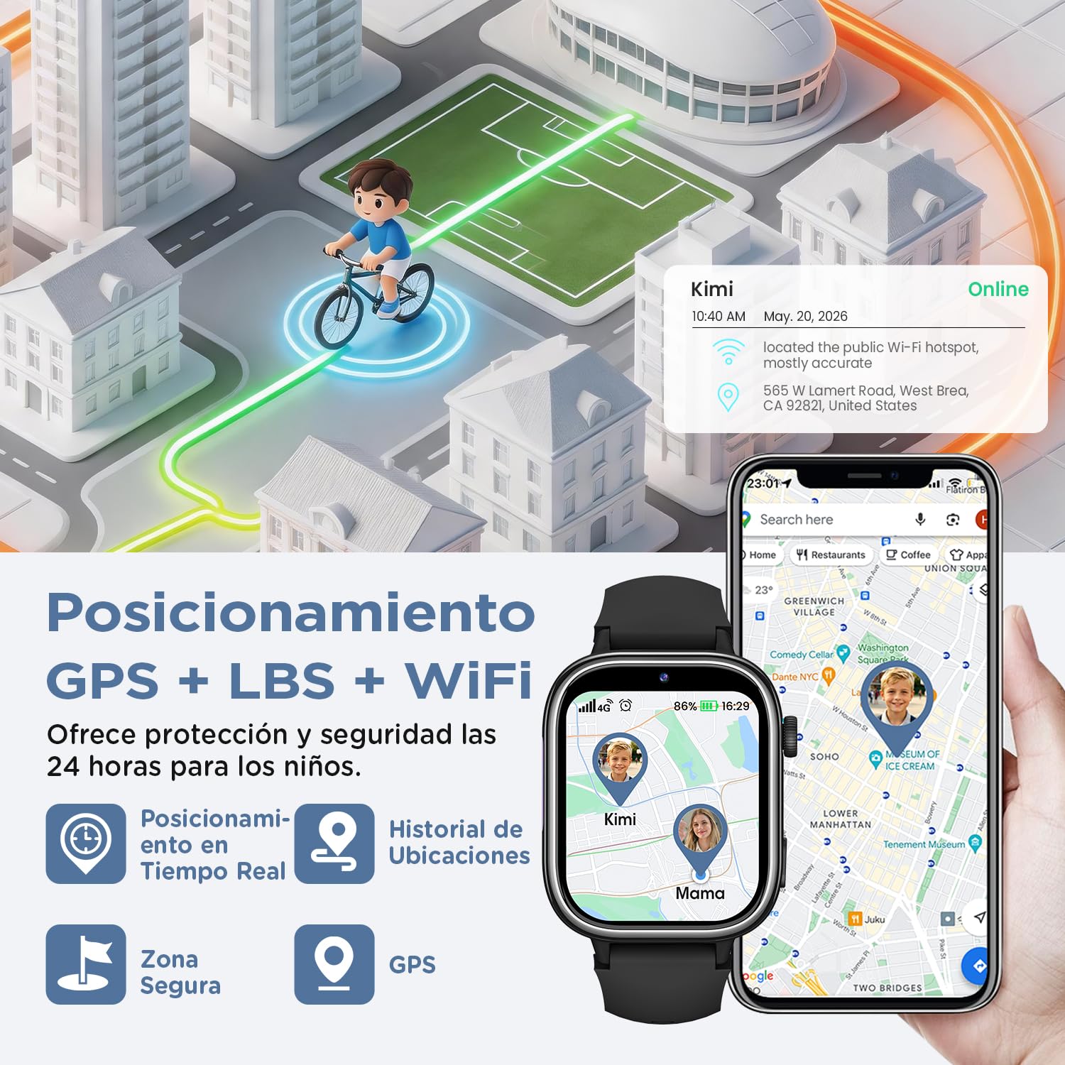 Sanorum Reloj Inteligente para Niños con GPS/Videollamada/SOS/Regalo, Negro