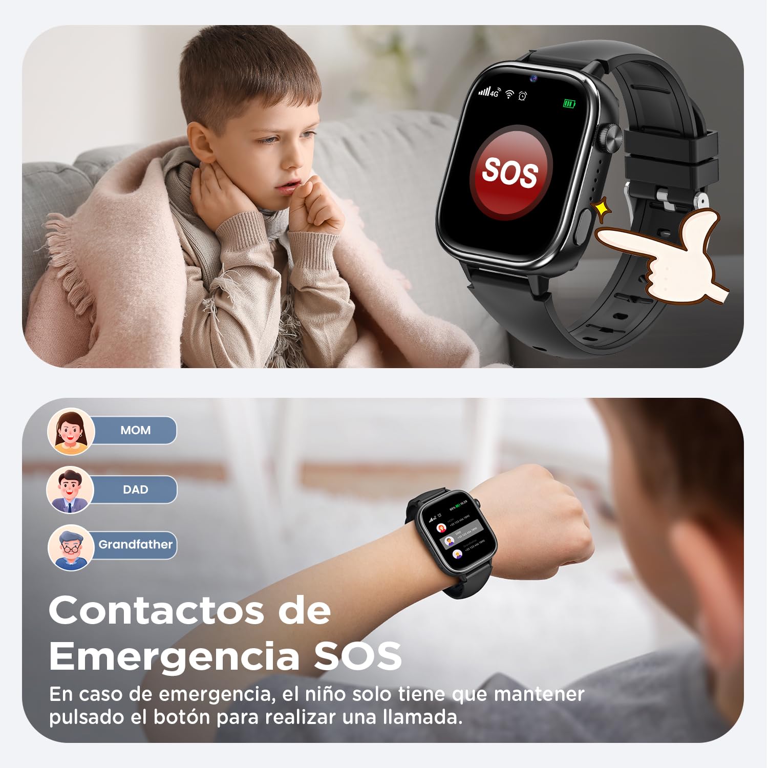 Sanorum Reloj Inteligente para Niños con GPS/Videollamada/SOS/Regalo, Negro