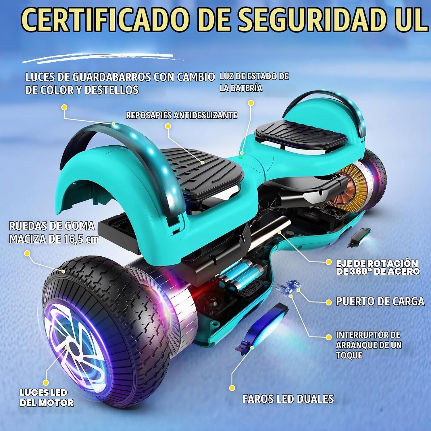 SISIGAD Hoverboard Auto-EQUILIBRADO - Altavoces Bluetooth DE 6,5", LUZ LED - Certificado UL2272 de Seguridad