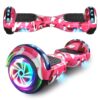 SISIGAD Hoverboard de 6,5 pulgadas con altavoz Bluetooth, scooter autoequilibrado, motor con luces de colores y luces LED, Camuflaje rosa