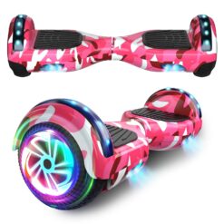 SISIGAD Hoverboard de 6,5 pulgadas con altavoz Bluetooth, scooter autoequilibrado, motor con luces de colores y luces LED, Camuflaje rosa
