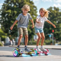 SISIGAD Hoverboard de 6,5 pulgadas con altavoz Bluetooth, scooter autoequilibrado, motor con luces de colores y luces LED, Camuflaje rosa
