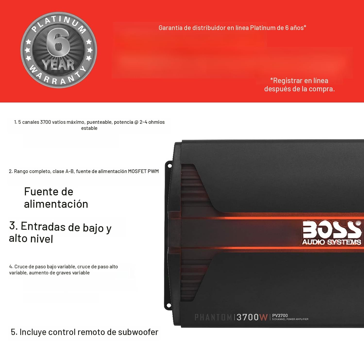 BOSS Audio Systems PV3700 amplificador estéreo para auto de 5 canales – 3,700 W de alta salida, 5 canales, estables a 2/4 ohmios, entradas de bajo y alto nivel, cruce de paso alto