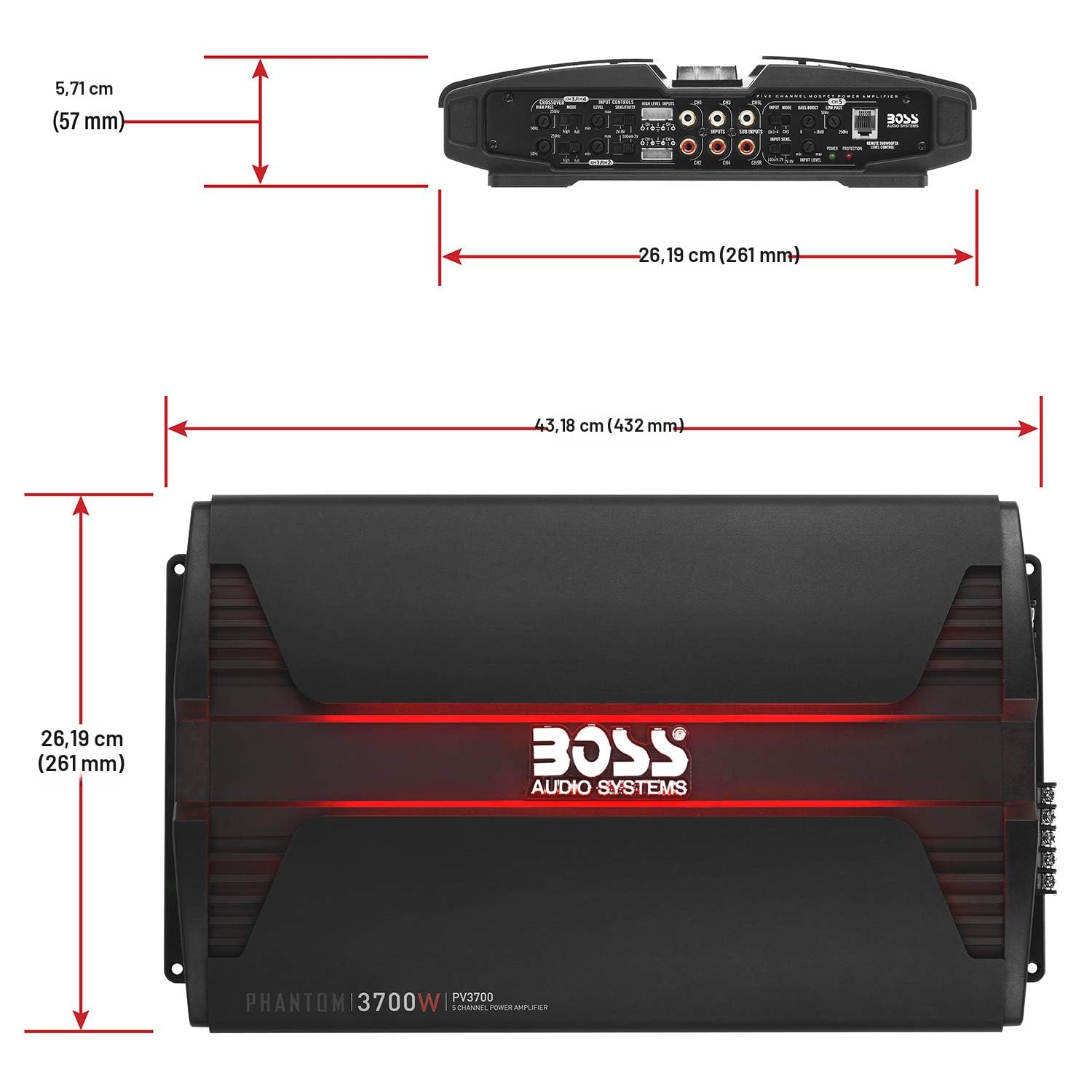 BOSS Audio Systems PV3700 amplificador estéreo para auto de 5 canales – 3,700 W de alta salida, 5 canales, estables a 2/4 ohmios, entradas de bajo y alto nivel, cruce de paso alto