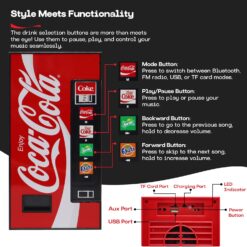 Máquina expendedora Coca-Cola con altavoz Bluetooth, altavoces duales de 5W, Bluetooth inalámbrico v5.3, radio FM, reproducción USB/MicroSD, entrada AUX, alcance de 10m, batería