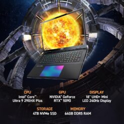 msi Titan 18 HX AI 18" 240Hz MiniLED UHD+ Portátil para juegos: Intel Ultra 9-290HX, NVIDIA Geforce RTX 5090, 64GB DDR5, 4TB NVMe SSD, Thunderbolt 5, Wi-Fi 7, Win 11 Pro: Negro
